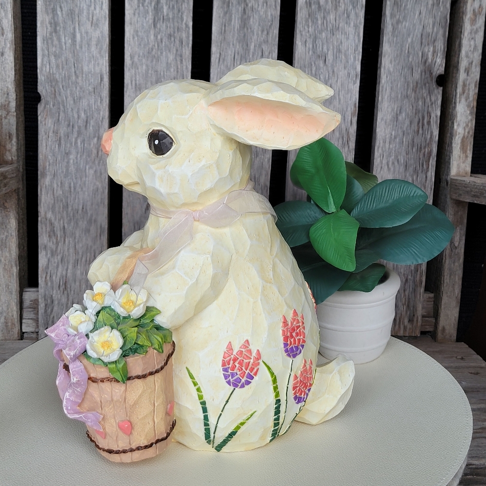 Wood Carved Resin Cream Bunny Figurine with Floral Basket & Mosiac Florals